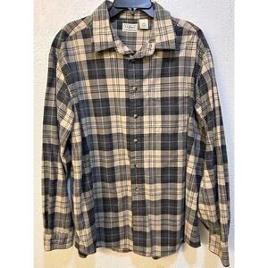 L.L.Bean Shirt Mens XL Tan Blue Plaid Long Sleeve Dad Cotton Casual Button Down